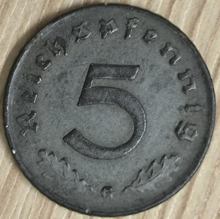 Германия, 3-й Рейх. 5 пфеннигов (рейхспфеннигов) 1942 г. G. VF+