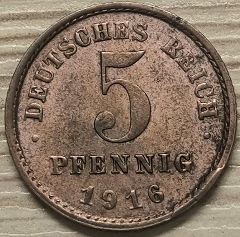 Германия, 5 пфеннигов 1916 г. E. XF