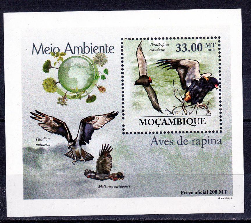 Марки Мозамбик 2010 г. Орлы Блок MNH ** Фауна Хищные птицы