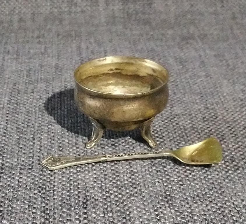Серебряная солонка +ложка серебро 875 СССР золочение