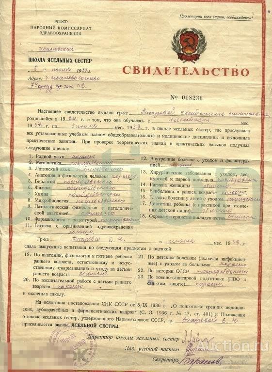 Свидетельство школы ясельных сестёр.1939г. Иваново