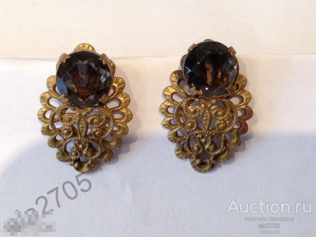 Серьги винтажные с камнем скань, СССР 60-70 годы 