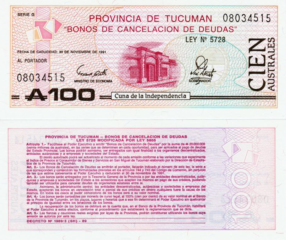 Аргентина 100 аустралей 1991. Провинция Тукуман