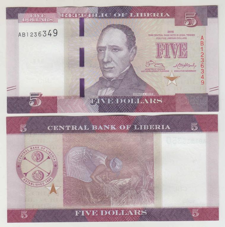 Либерия 5 долларов 2016 UNC