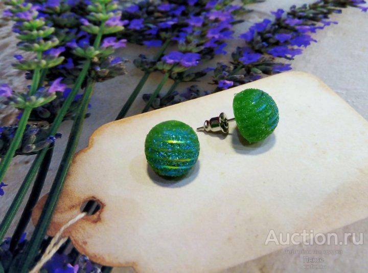 Пусеты "Круг" с блёстками, цвет зелёный, d=1 см.
