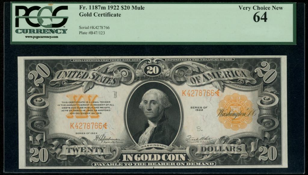 США. Gold certificate. 20 долларов 1922 г. В идеальном состоянии!