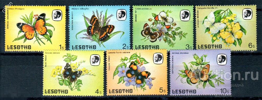 ЛЕСОТО 1984 ФАУНА АФРИКИ НАСЕКОМЫЕ БАБОЧКИ НА ЦВЕТАХ  ПОЛНАЯ СЕРИЯ  32-2-2