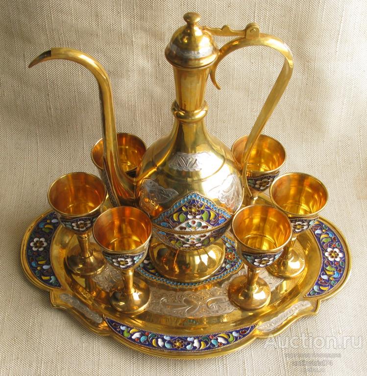 Набор для спиртного, серебро, золочение, эмаль, Кубачи, коробка. 1245грамма. 894 проба