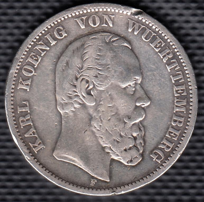 Вюртемберг 5 марок 1875 F - Карл - Оригинал, Неплохой Сохран, Нечастая