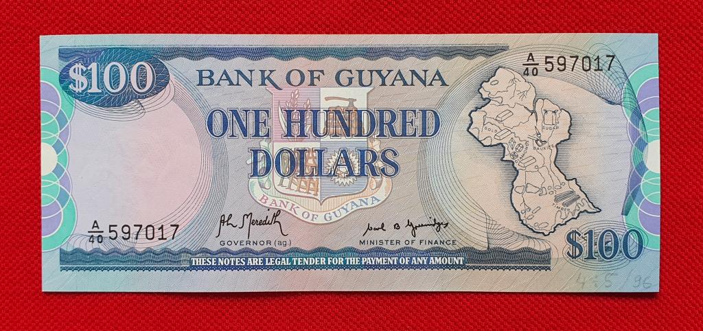 100 долларов "Bank of Guyana", 1989 г Archibald Meredith & Carl Greenidge !!, республика Гайана