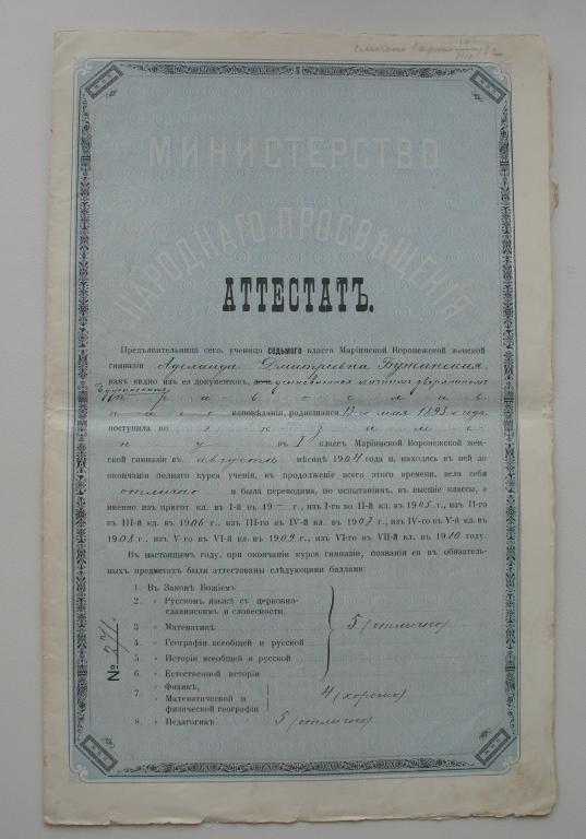 Аттестат Министерства народного просвещения Женская гимназия - Золотая медаль 1911 г. + 7 документов