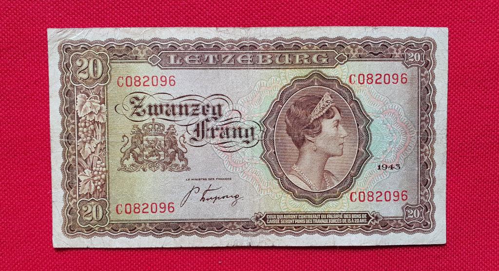 20 франков "State Treasury", 1943 г, вел герцогство Люксембург союзная оккупация