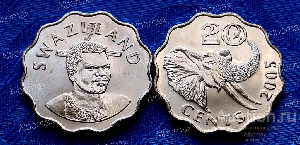 Свазиленд (Эсватини) 20 центов 2005г Слон UNC Животные, Фауна