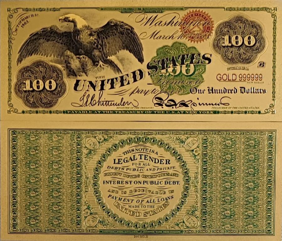 Сувенирная пластиковая банкнота США 100 долларов 1863