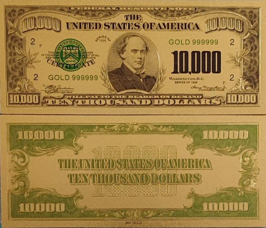 Сувенирная пластиковая банкнота США 10000 долларов 1928