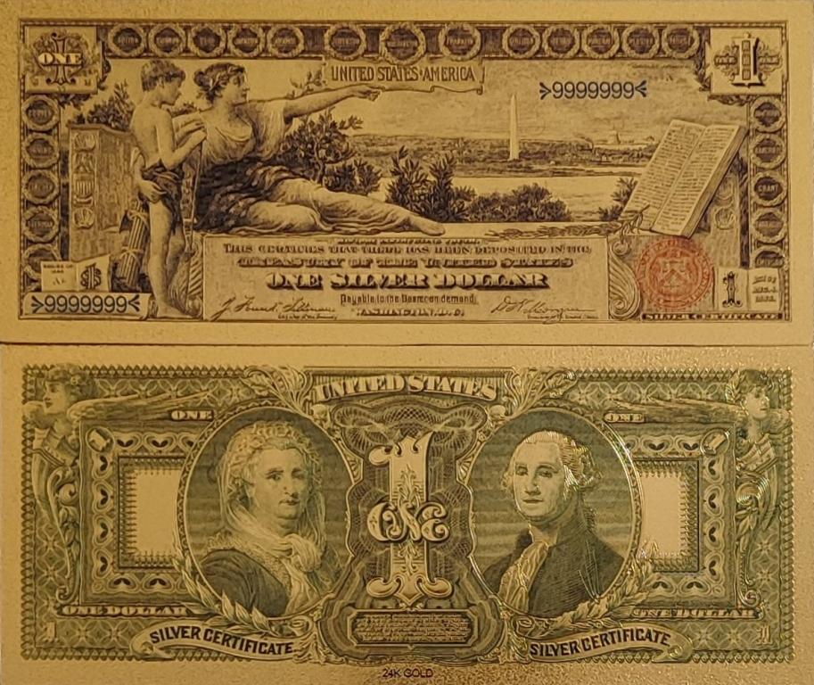 Сувенирная пластиковая банкнота США 1 серебряный доллар