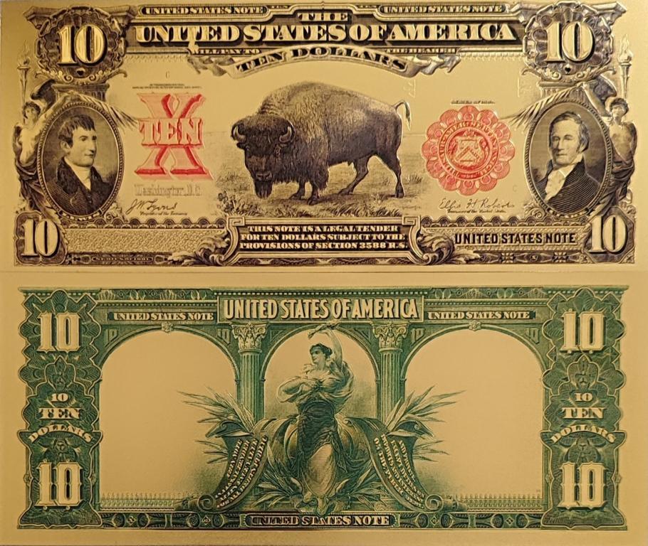 Сувенирная пластиковая банкнота США 10 долларов