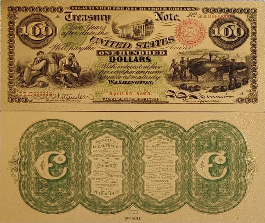 Сувенирная пластиковая банкнота США 100 долларов 1864