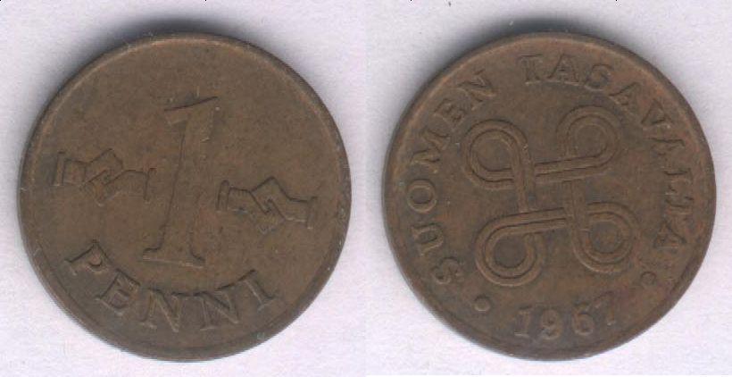 Монета Финляндия 1 пенни 1967 г. VF (1)