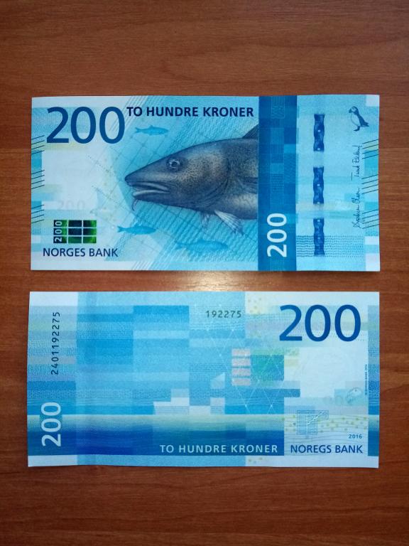 Банкнота Норвегия 200 крон 2016 года ПРЕСС UNC