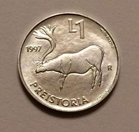 САН-МАРИНО 1 ЛИРА 1997 ДОИСТОРИЧЕСКОЕ ИСКУССТВО ОЛЕНЬ UNC