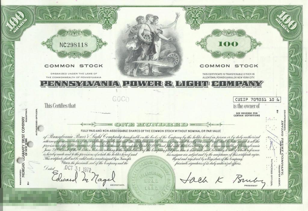 Акция США - Pennsylvania Power & Light Company 1959 - 1974