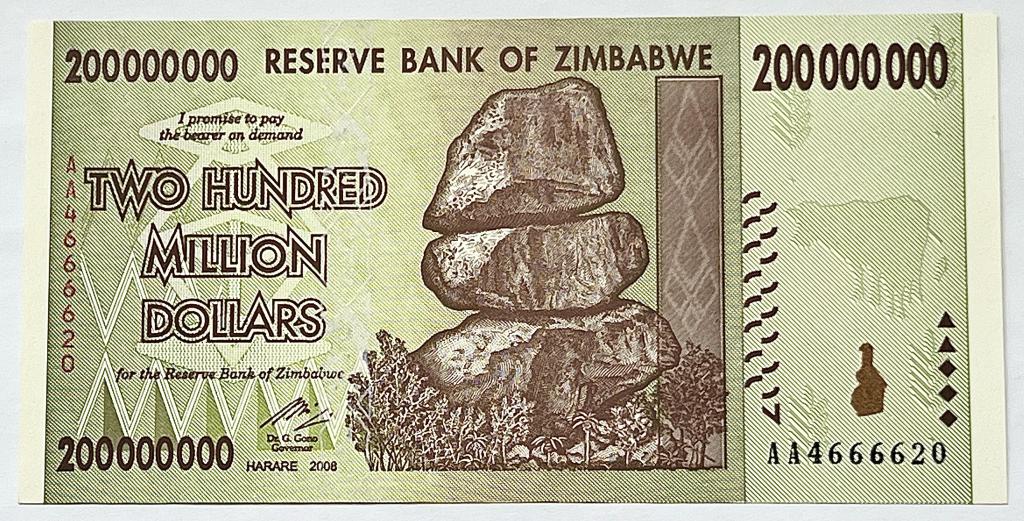 ЗИМБАБВЕ 200000000 ДОЛЛАРОВ 2008 ГОД UNC