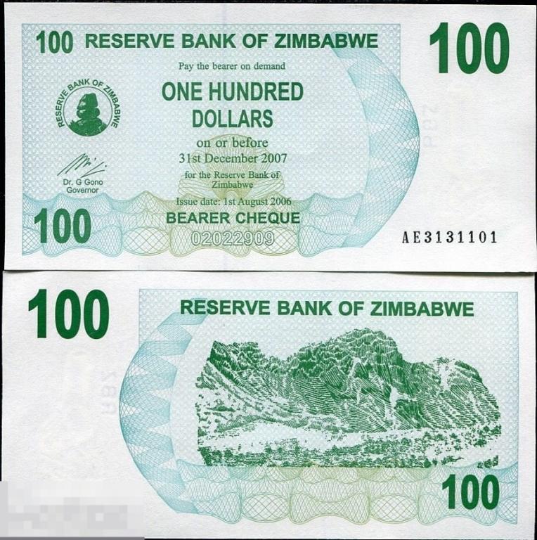 Зимбабве - 100  Долларов 2008 UNC Bearer Check