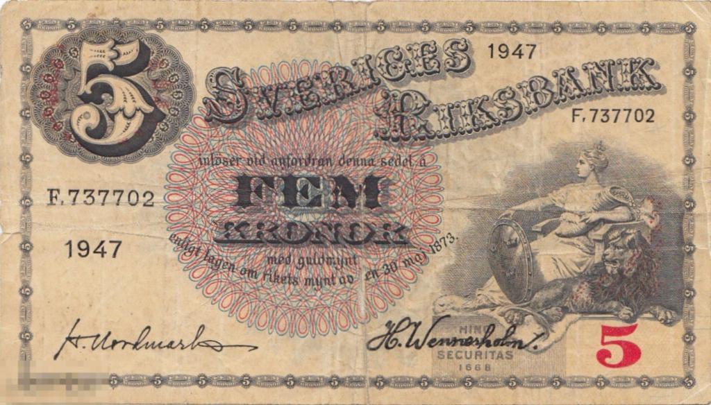 Швеция - 5 Крон 1947 VF