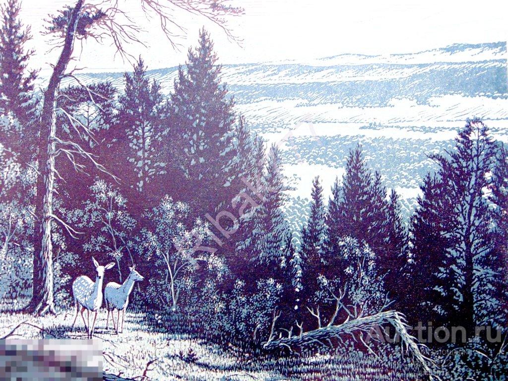 ЛИНОГРАВЮРА  "Гос. Ильменицкий заповедник им. Ленина" Фехнер 1947 год РЕДКОСТЬ! Оригинал!