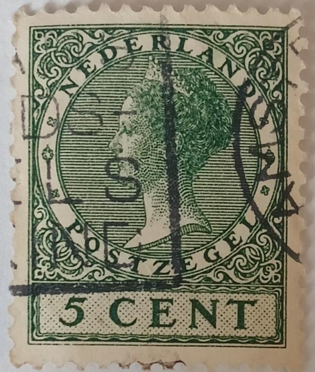 Марка_Нидерланды, 5 центов,1934г, Королева Вильгельмина, Михель -178E, Стандарт, Гашёная;