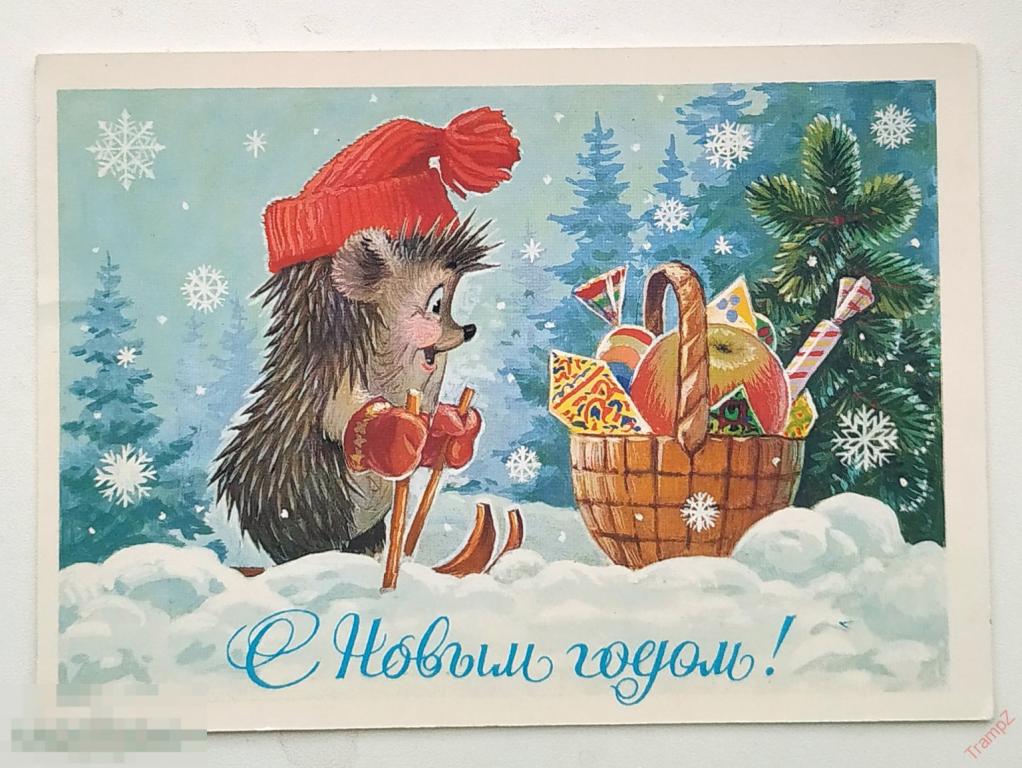 Открытка С Новым годом. Зарубин. еж ежик корзина подарки лыжник #25