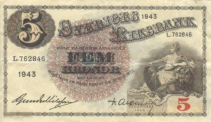 Швеция - 5 Крон 1943 VF