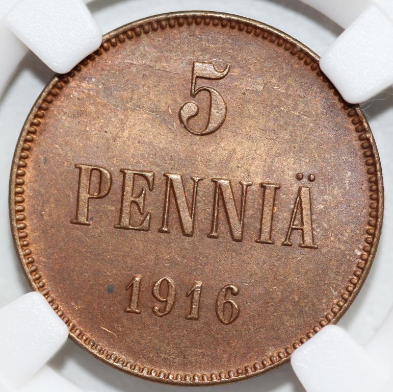 5 пенни 1916 Русская Финляндия слаб ННР MS63BN