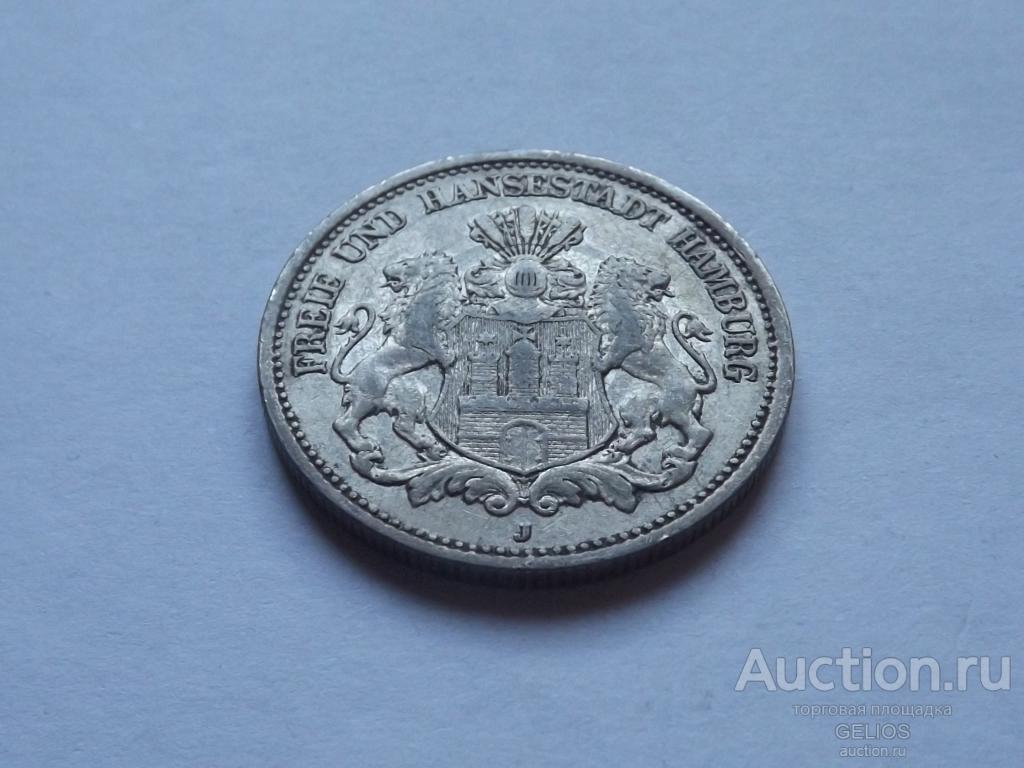 Германия Гамбург 2 марки 1878 Серебро 900 J Отличный!!! Сохран!!! Редкая