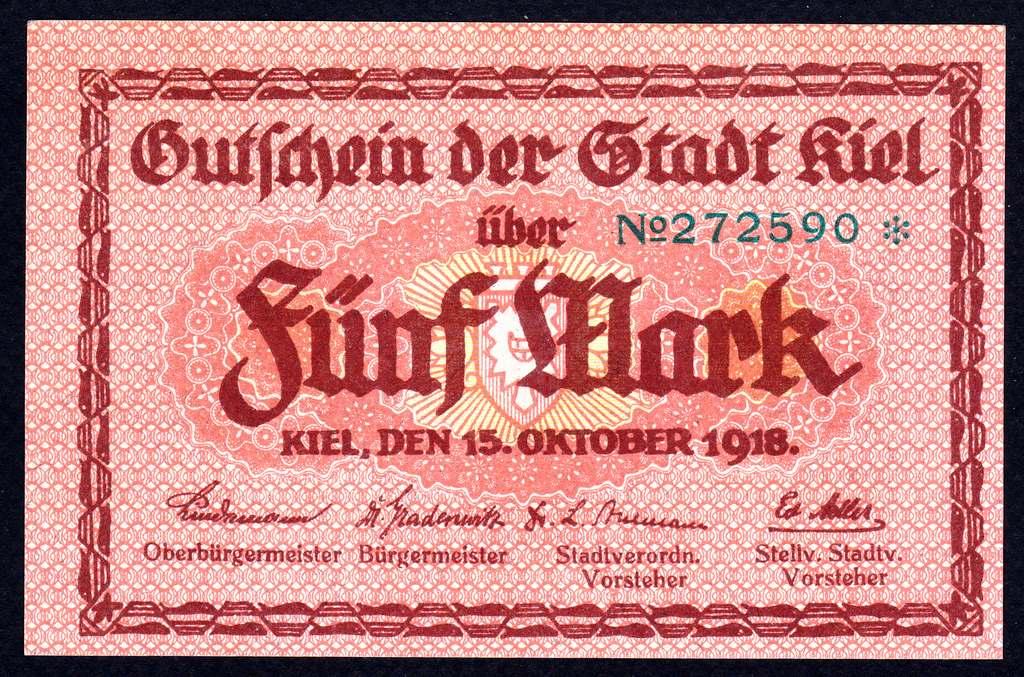 Германия 5 марок 1918 г. Киль... UNC