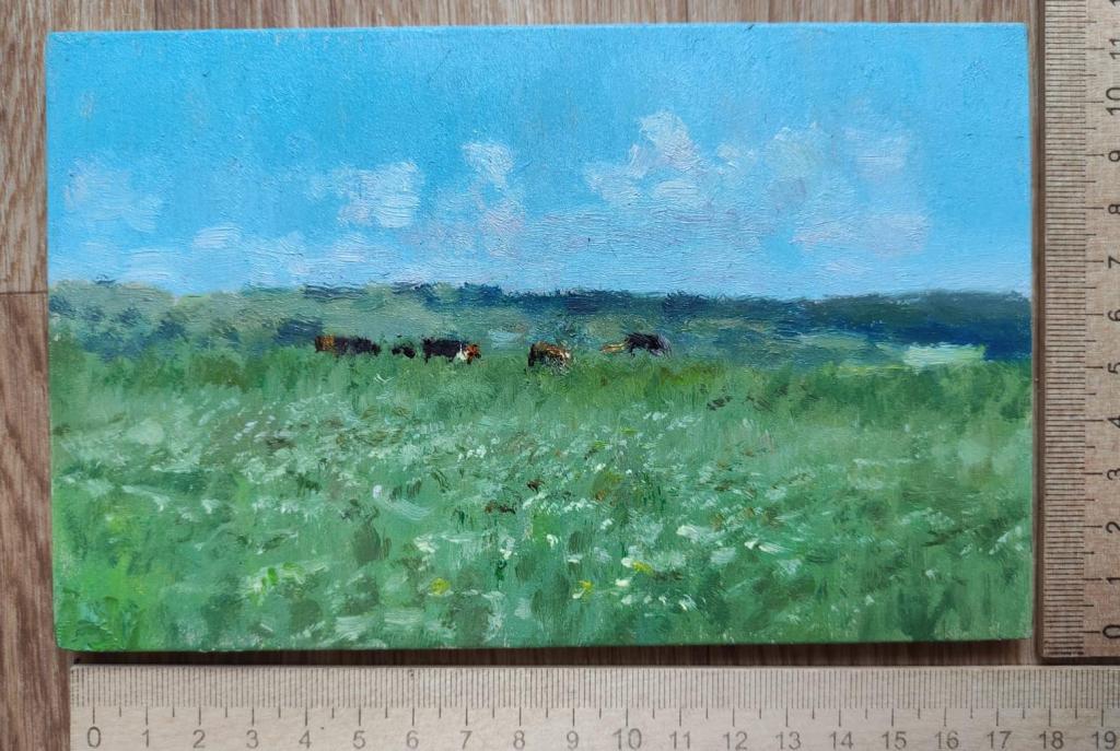 картина Коровки на лужку, фанера, масло, авторская, НХ