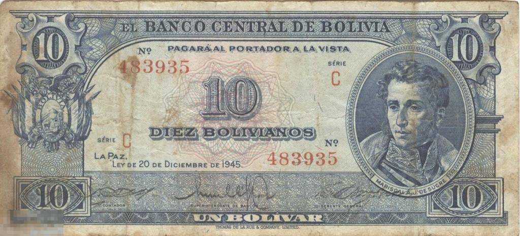 Боливия - 10 Боливано 1945 VF / F (935)