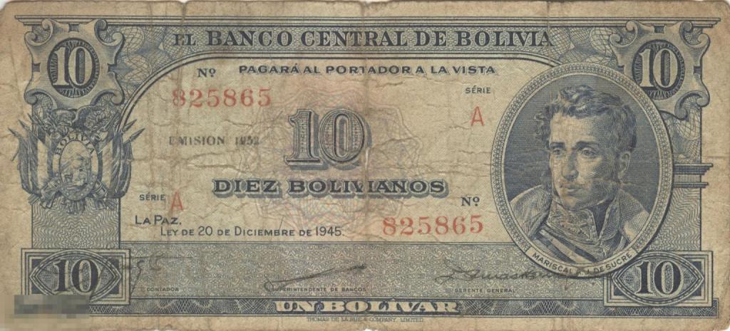 Боливия - 10 Боливано 1945 VF / F (865)