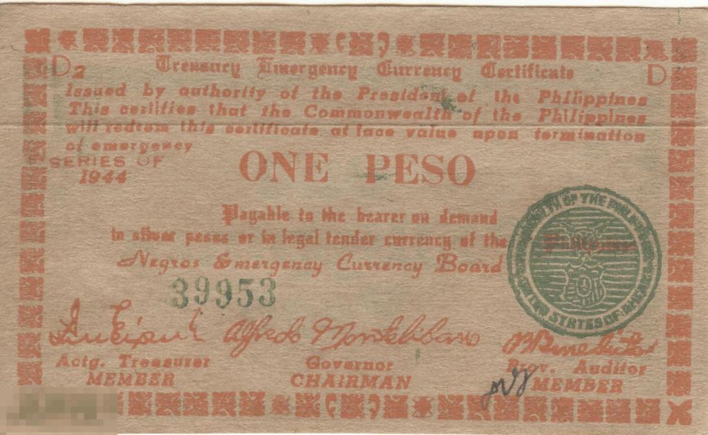 Филиппины 1 Песо 1944 пров. Негрос 1944 aUNC (953)