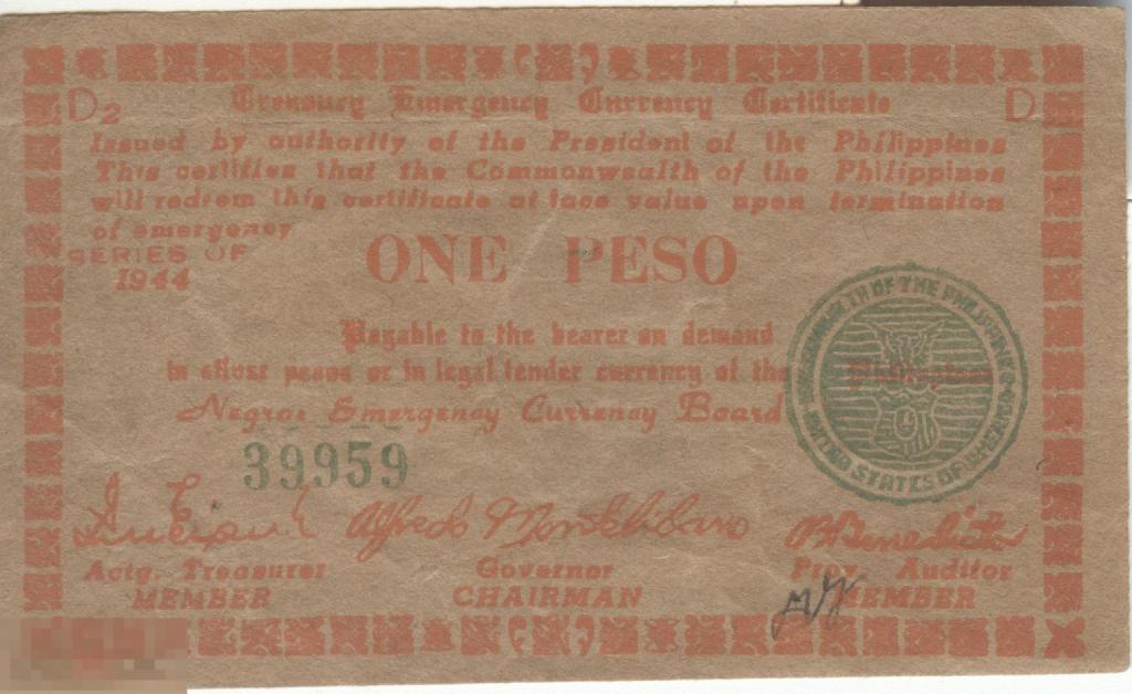 Филиппины 1 Песо 1944 пров. Негрос 1944 aUNC (959)