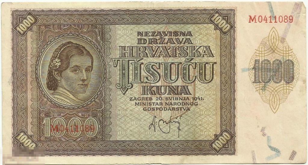 Хорватия - 1000 Кун 1941 VF+ / XF (089)