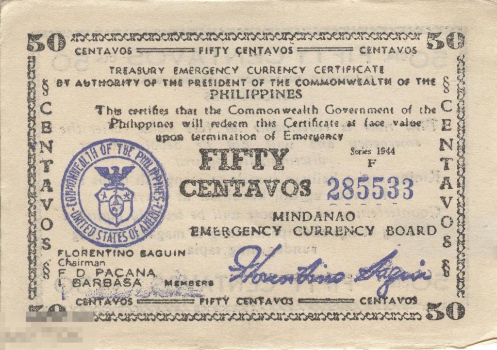 Филиппины - 50 Сентаво 1944 пров Минданао 1942 XF / aUNC