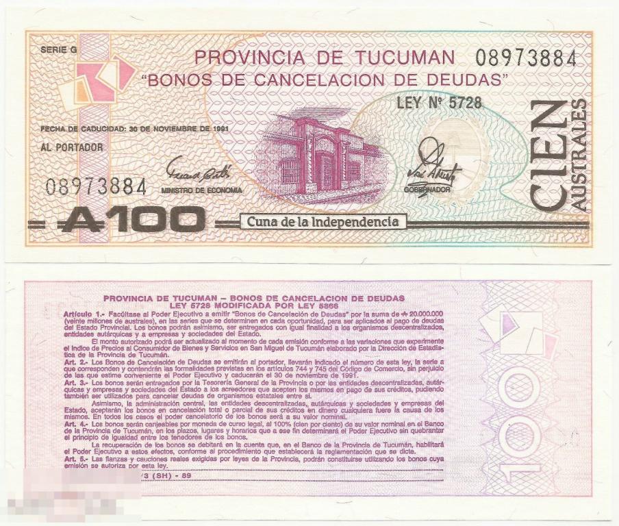 Аргентина - 100 Аустрал 1991 провинция Тукуман UNC