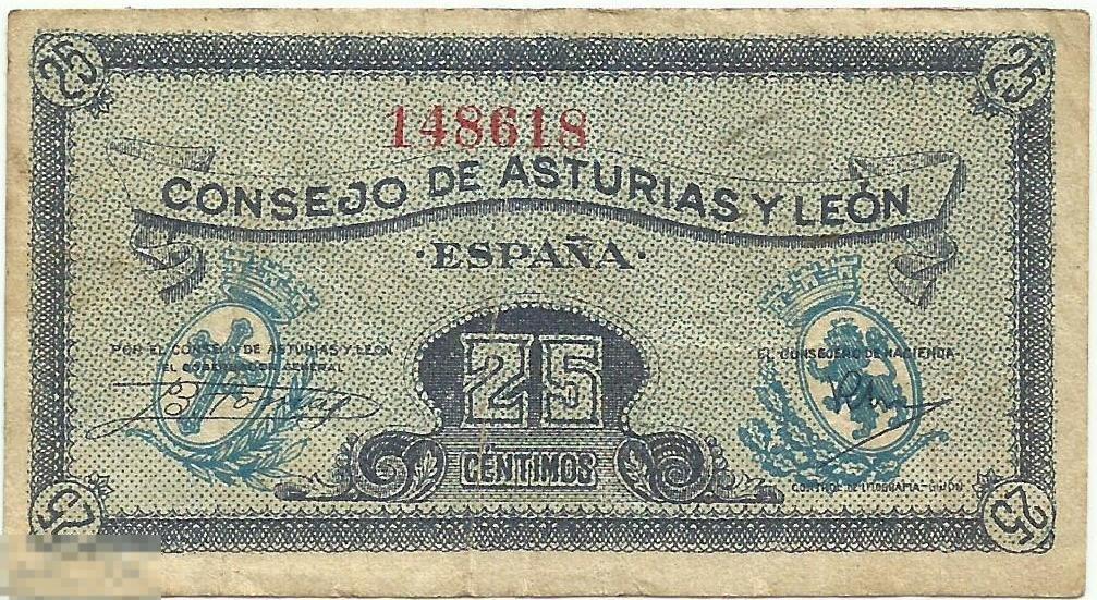 Испания провинция Астурия и Леон - 25 сентимо 1936 VF+ (Гражданская война) (618)