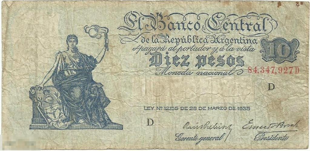 Аргентина - 10 Песо 1936 VF литера D (927)