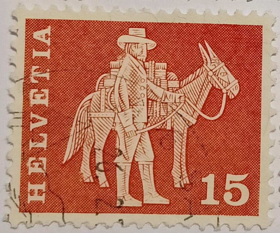 Марка_Швейцарии, 15 Ct - Швейцарский сентиме,1963 год, Погонщик с мулом, Гашёная;