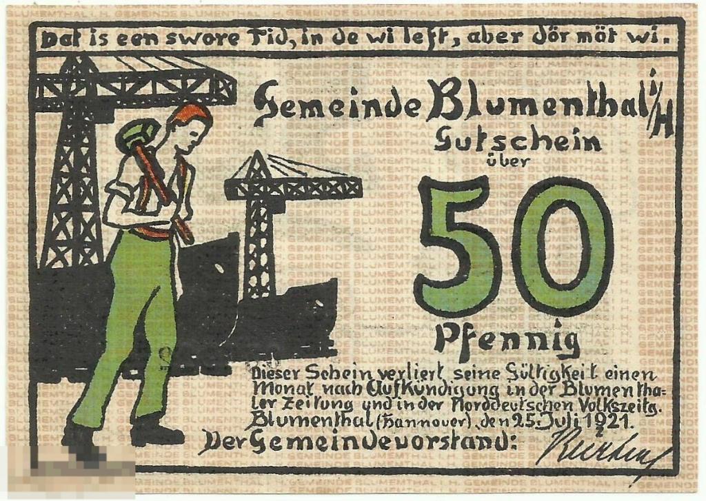 Нотгельд - 50 Пфеннигов 1921 Blumenthal Германия UNC