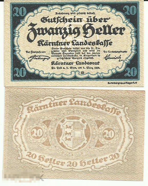 Нотгельд - 20 Геллеров Glan (Австрия) 1920 UNC