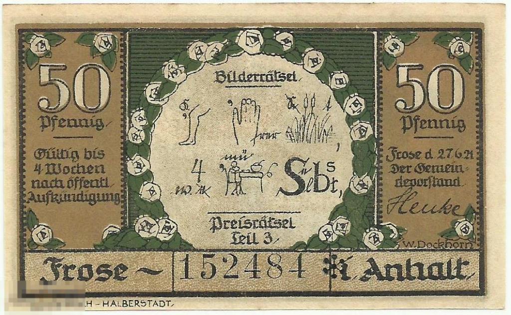 Нотгельд - 50 Пфеннигов 1921 Frose Anhalt Германия UNC